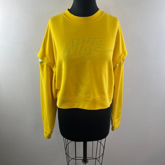 NIKE Yellow Green Cropped Sweatshirt Cotton Snap Detachable Sleeve Size Medium M - Picture 4 of 14